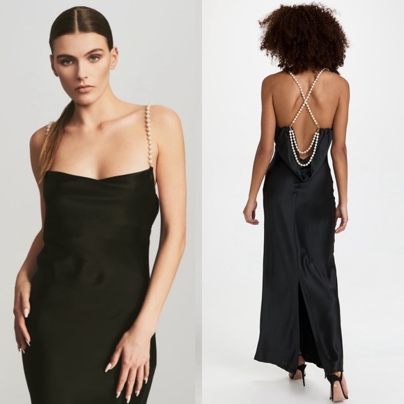 NWT RETROFETE Satin Pearl Halter Strap Sleeveless Draped Open Back Maxi Dress S - Picture 2 of 10